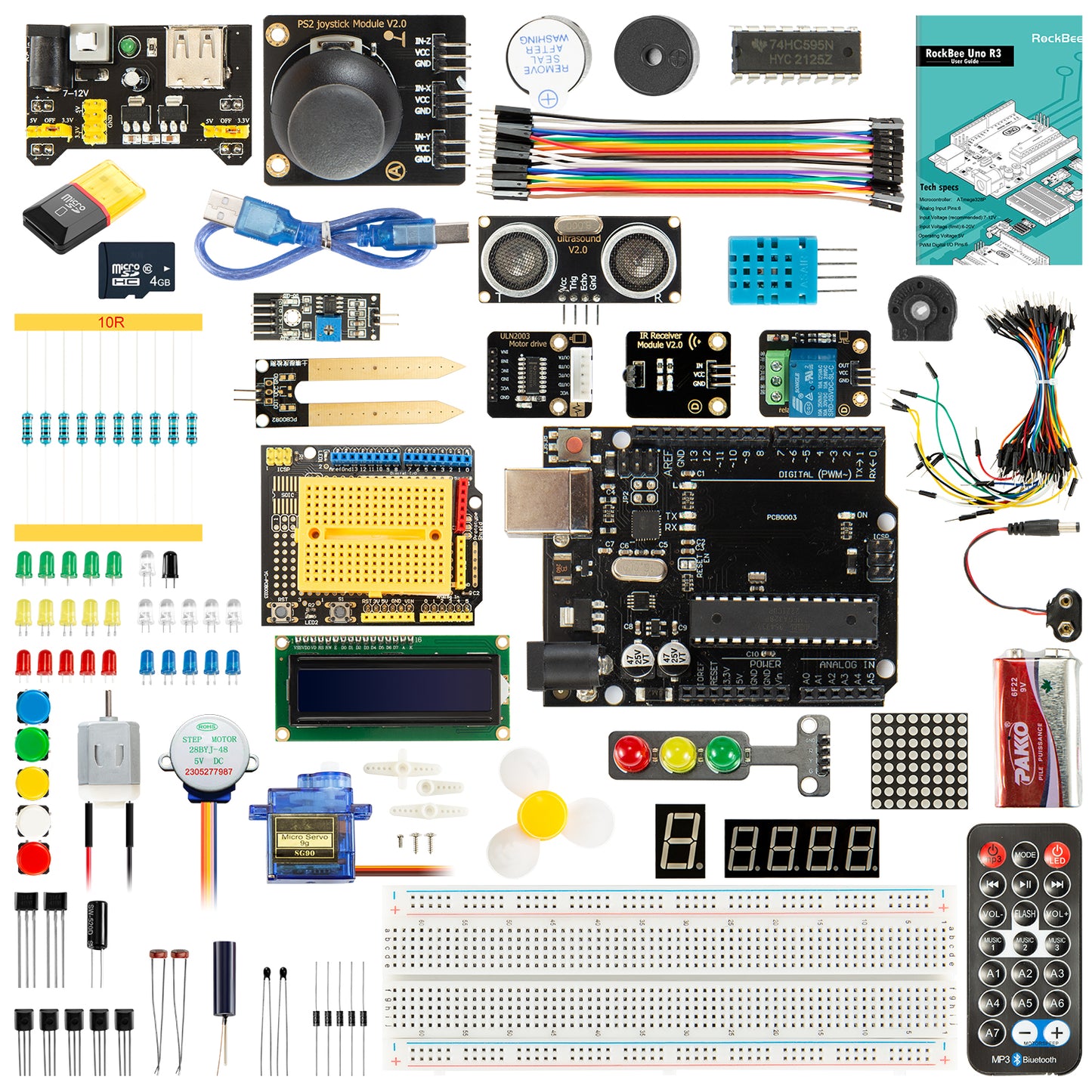 RockBee UNO R3 Intermediate Kit and Tutorial (73 Items)