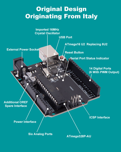 RockBee UNO R3 Intermediate Kit and Tutorial (73 Items)